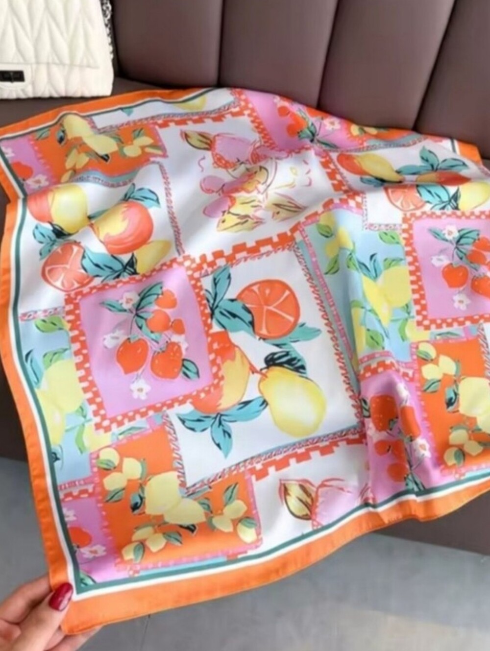 Silk-feel Fruit-Print Women's Scarf - Orange, Pink, White